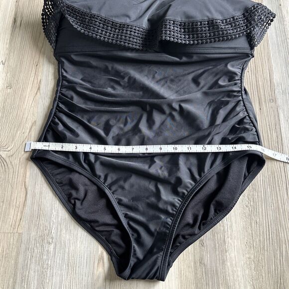 KONA SOL One Piece Swimsuit Bathing Suit Black Bandeau Top Crochet Ruffle Large - Picture 3 of 7